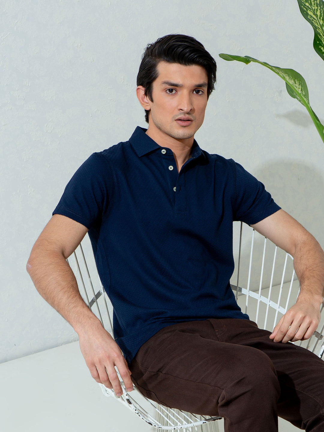Brumano  Solids Cotton Polo Navy Blue Textured Polo With Classic Collar