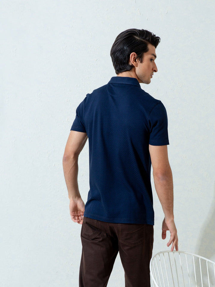 Brumano  Solids Cotton Polo Navy Blue Textured Polo With Classic Collar