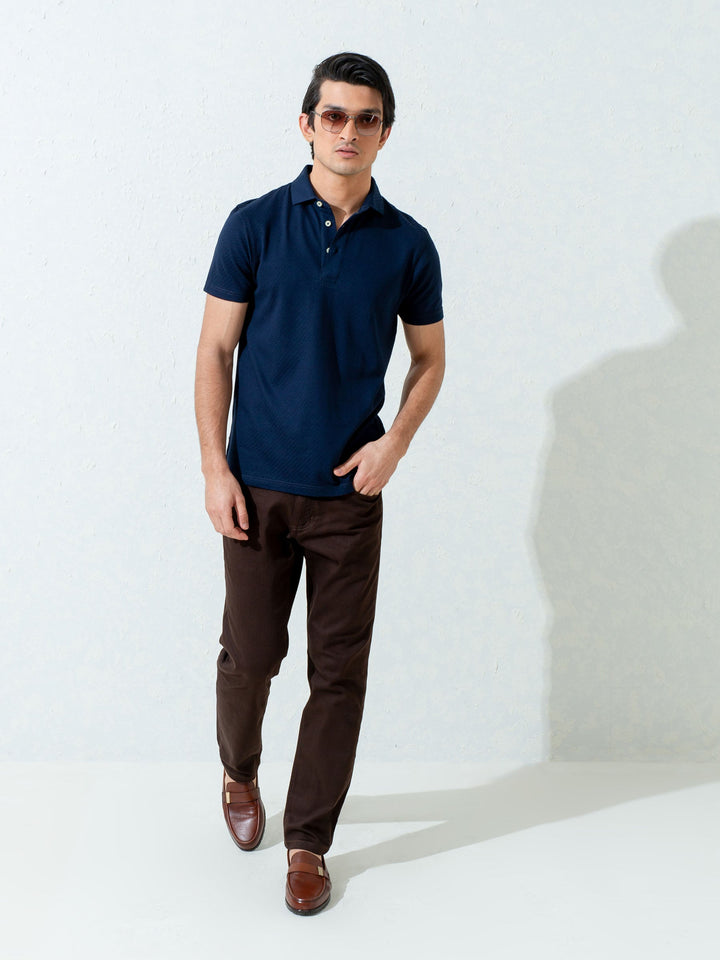 Brumano  Solids Cotton Polo Navy Blue Textured Polo With Classic Collar