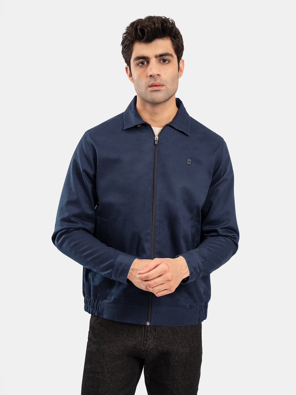Brumano Mens RTW Solids Cotton Jacket Suit Navy Blue Twill Collar Winter Collection