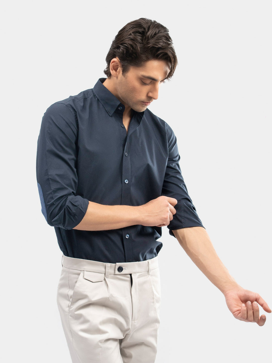 Brumano Mens RTW Solids Cotton Shirt Navy Blue Satin Elbow Patch Casual Collection