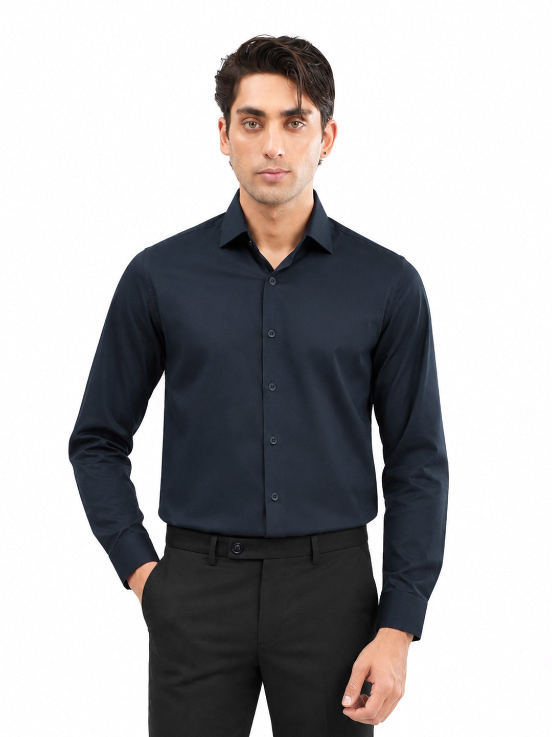 Brumano Mens RTW Solids Cotton Shirt Navy Blue Light Detailing Western Collection