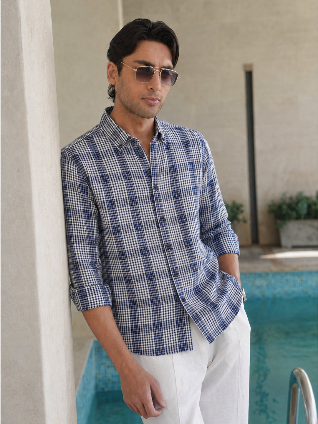 Brumano Mens RTW Solids Cotton Shirt Navy Blue N White Casual Collection