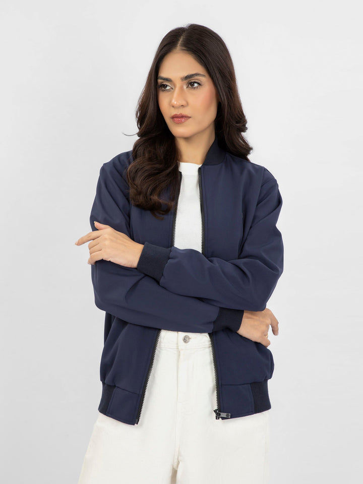 Brumano Pret Solids Polyester 1 Piece Navy Blue Bomber Jacket - Women