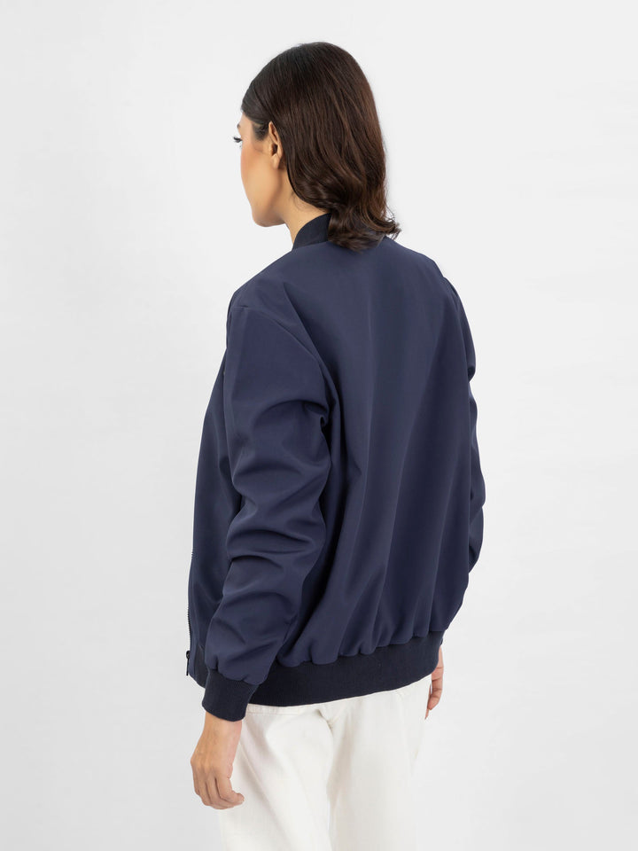 Brumano Pret Solids Polyester 1 Piece Navy Blue Bomber Jacket - Women