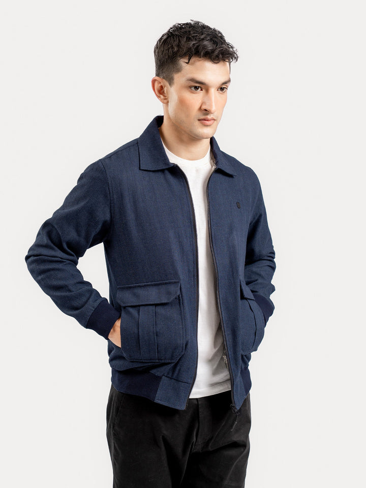 Brumano Ready To Wear Solids Cotton 1 Piece Men Navy Blue Casual Collar Jacket With Cargo Pocket 0-11-025-4288 - Winter Collection