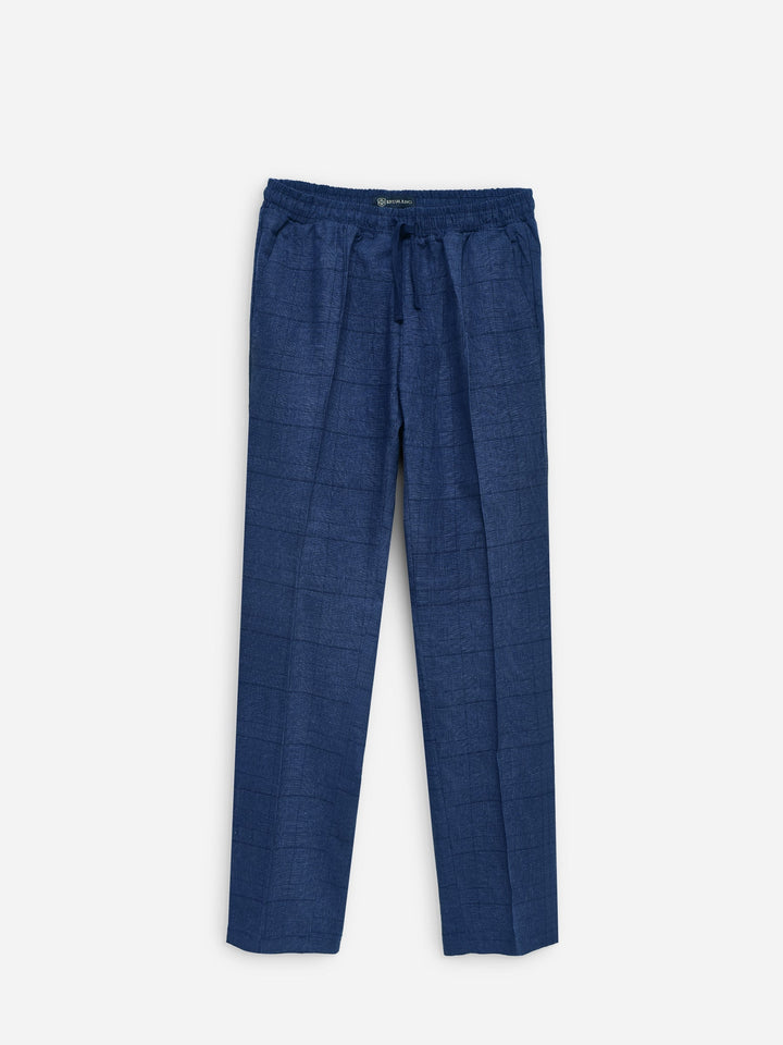 Brumano Textured Linen Trouser Navy Blue Checkered 100% Linen Pajama Trouser