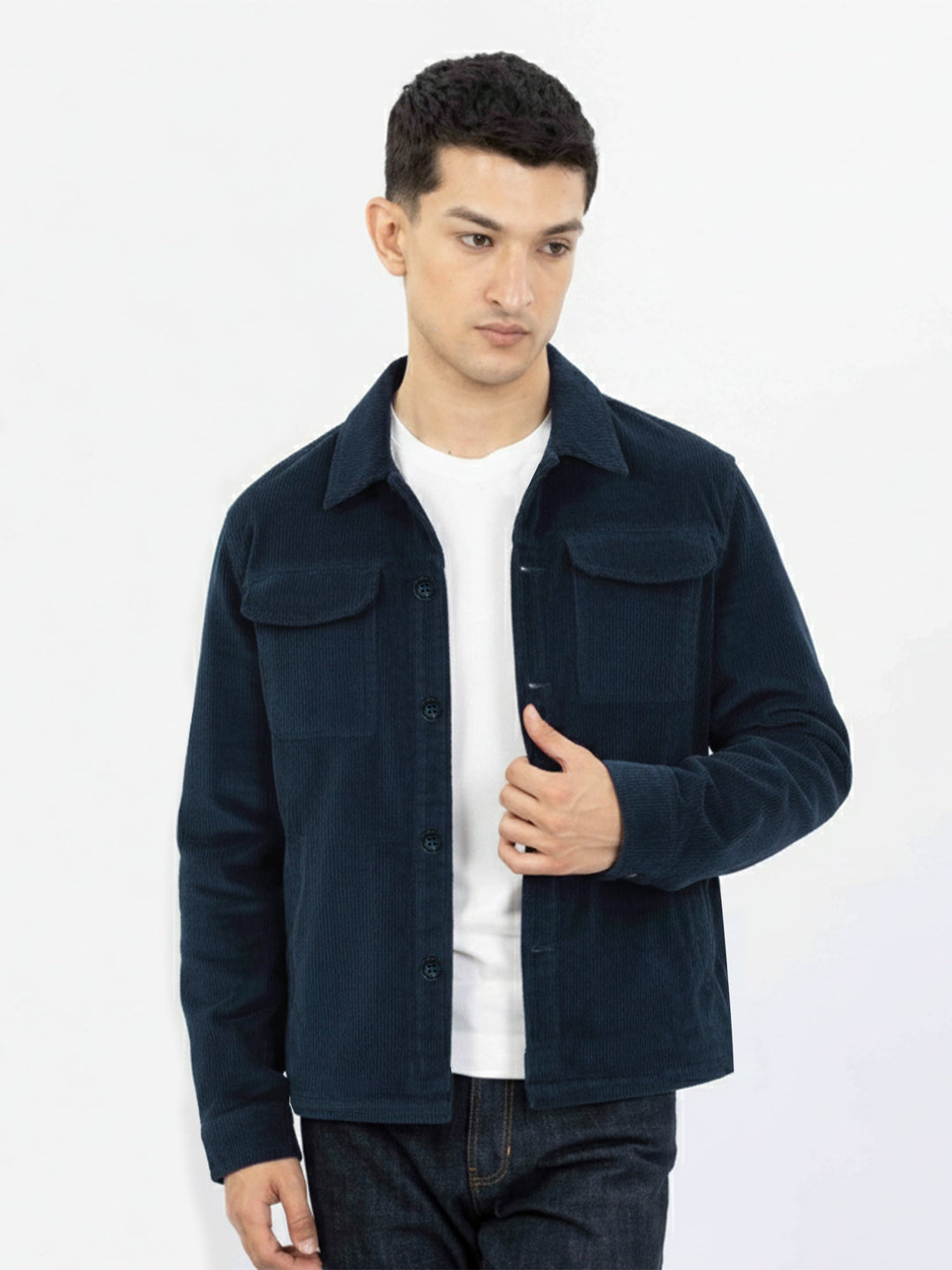 Brumano Cotton Printed Men - NavyBlue Corduroy Over-Shirt With Front Flap Pockets