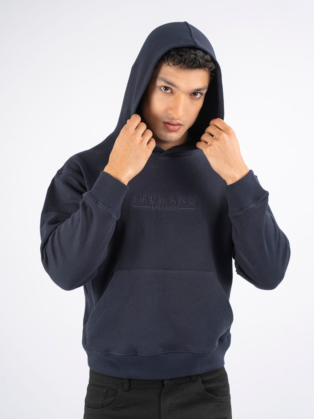 Brumano Embroidered Fleece Navy Blue Embroidered Relaxed Fit Hoodie - Winter Collection