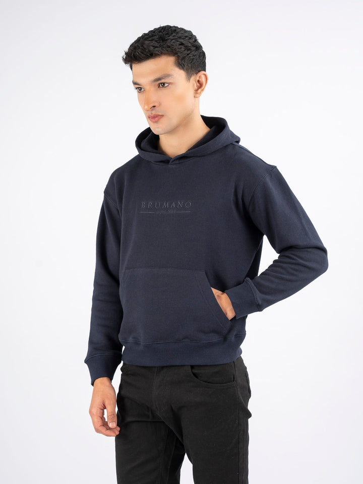 Brumano Embroidered Fleece Navy Blue Embroidered Relaxed Fit Hoodie - Winter Collection