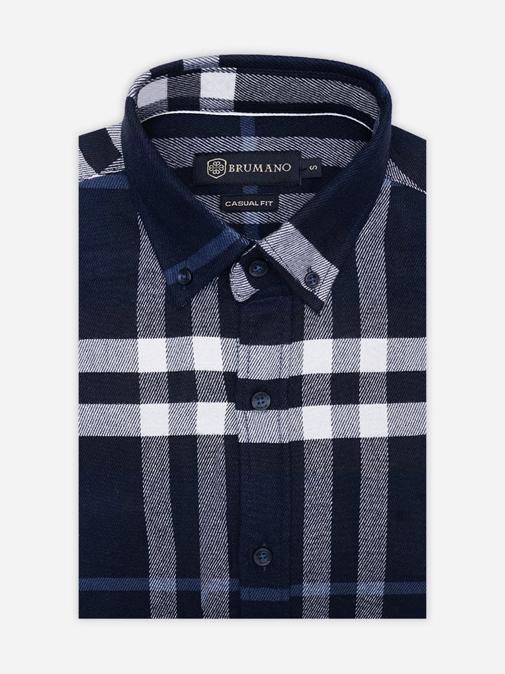 Brumano Ready To Wear Shirts Men 1 Piece Cotton Navy Blue Flannel Gingham Checkered Shirt 0-31-025-4539 - Summer Collection