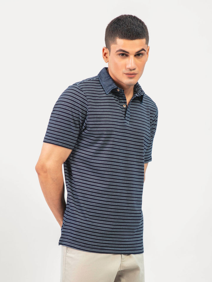 Brumano  Solids Cotton Polo Navy Blue Indigo Striped Polo Shirt Slimfit