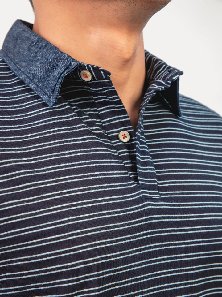 Brumano  Solids Cotton Polo Navy Blue Indigo Striped Polo Shirt Slimfit