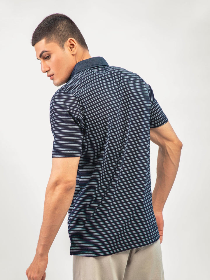 Brumano  Solids Cotton Polo Navy Blue Indigo Striped Polo Shirt Slimfit