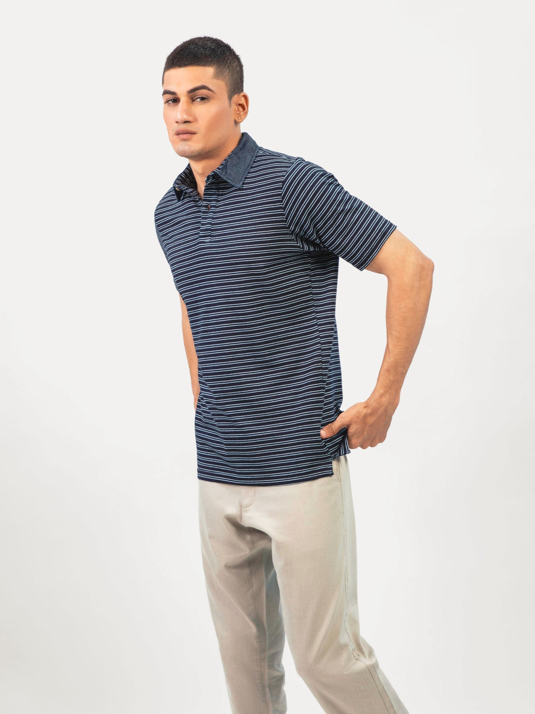 Brumano  Solids Cotton Polo Navy Blue Indigo Striped Polo Shirt Slimfit