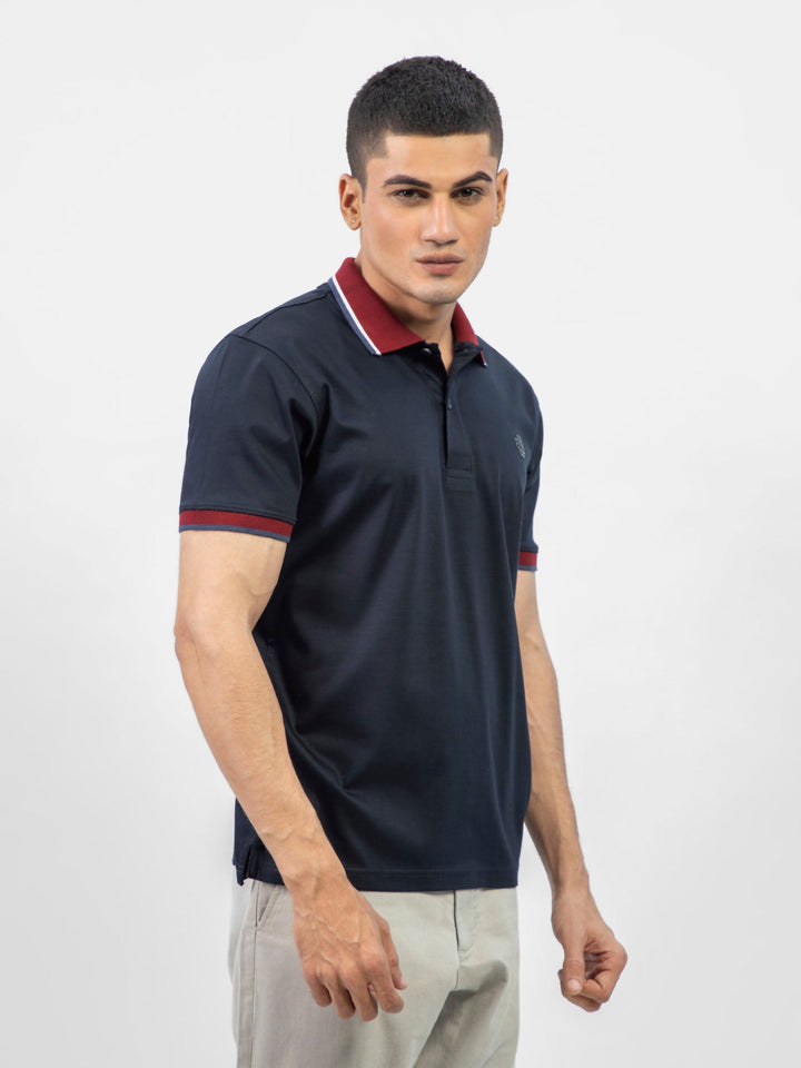 Brumano  Solids Cotton Polo Navy Blue Interlock Polo With Contrasting Maroon Collar