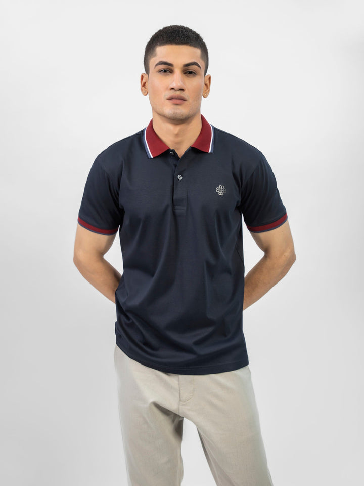 Brumano  Solids Cotton Polo Navy Blue Interlock Polo With Contrasting Maroon Collar