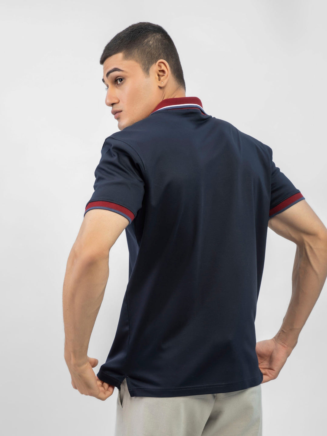 Brumano  Solids Cotton Polo Navy Blue Interlock Polo With Contrasting Maroon Collar