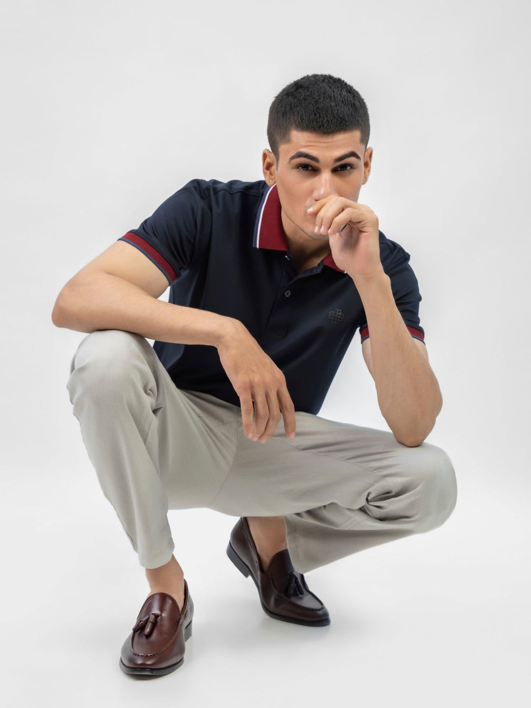 Brumano  Solids Cotton Polo Navy Blue Interlock Polo With Contrasting Maroon Collar
