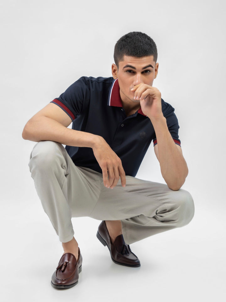 Brumano  Solids Cotton Polo Navy Blue Interlock Polo With Contrasting Maroon Collar