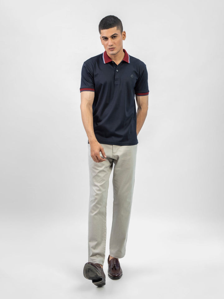 Brumano  Solids Cotton Polo Navy Blue Interlock Polo With Contrasting Maroon Collar