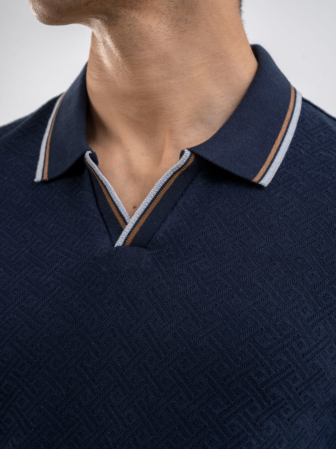 Brumano  Solids Cotton Polo Navy Blue Jacquard Structured Tipped V-Neck Polo