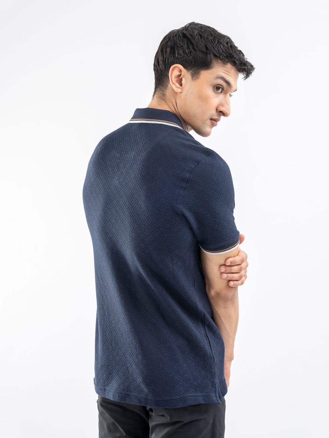 Brumano  Solids Cotton Polo Navy Blue Jacquard Structured Tipped V-Neck Polo