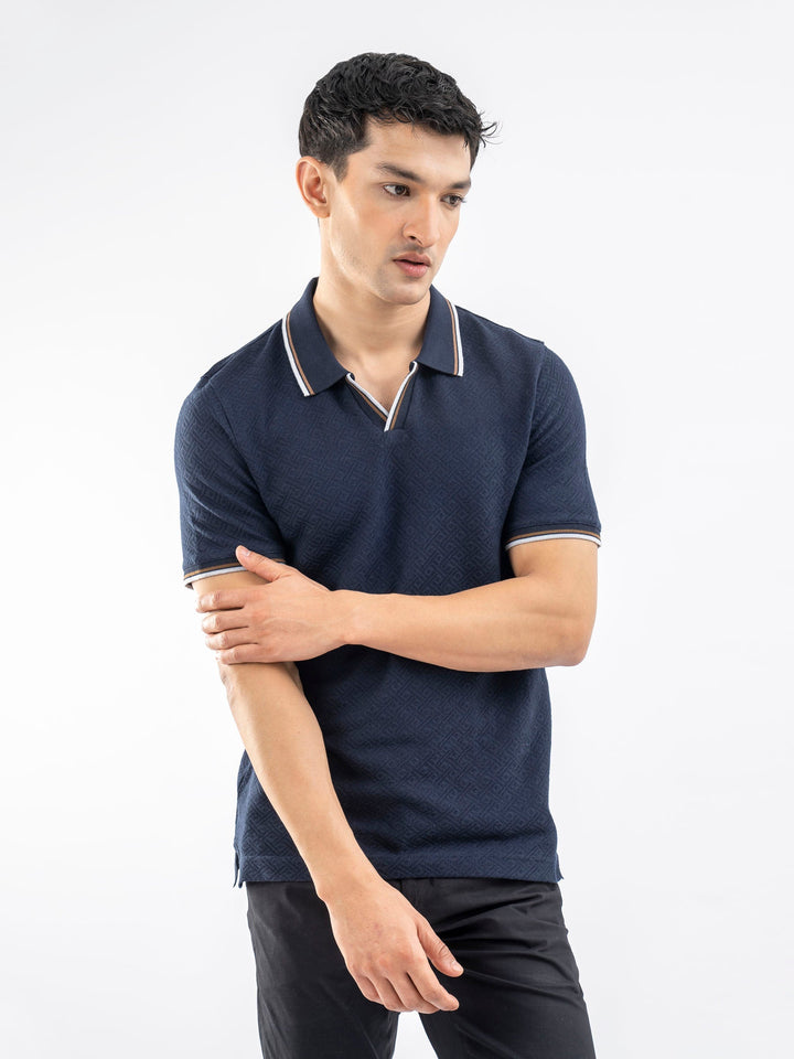 Brumano  Solids Cotton Polo Navy Blue Jacquard Structured Tipped V-Neck Polo
