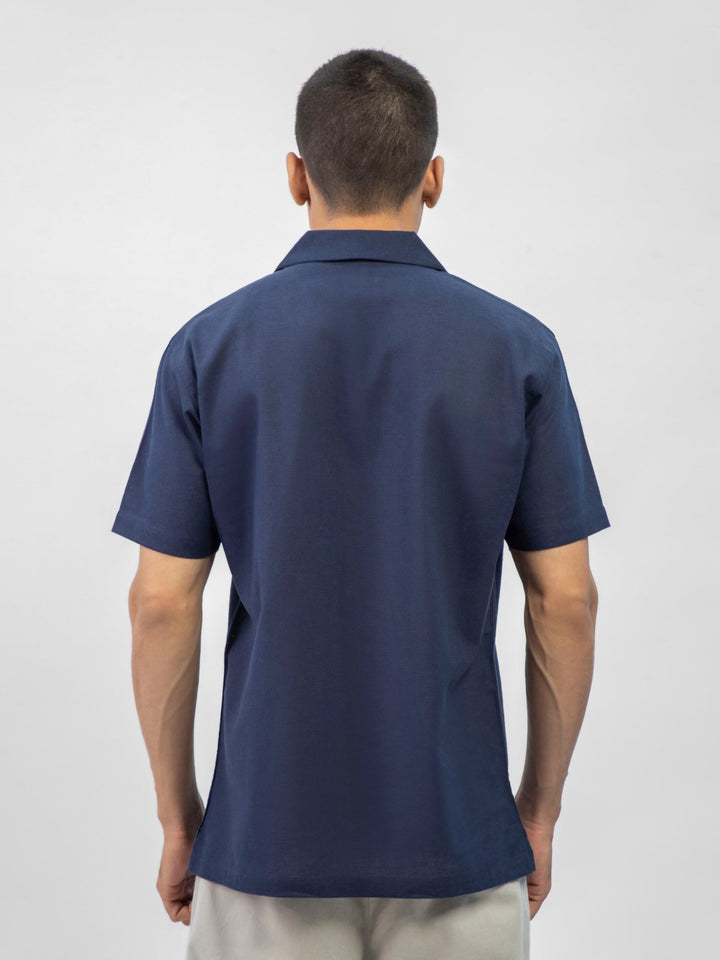 Brumano Ready To Wear Shirts Men 1 Piece Cotton Navy Blue Linen Blended Half Sleeve Cuban Collar Shirt 0-33-025-6073 - Summer Collection