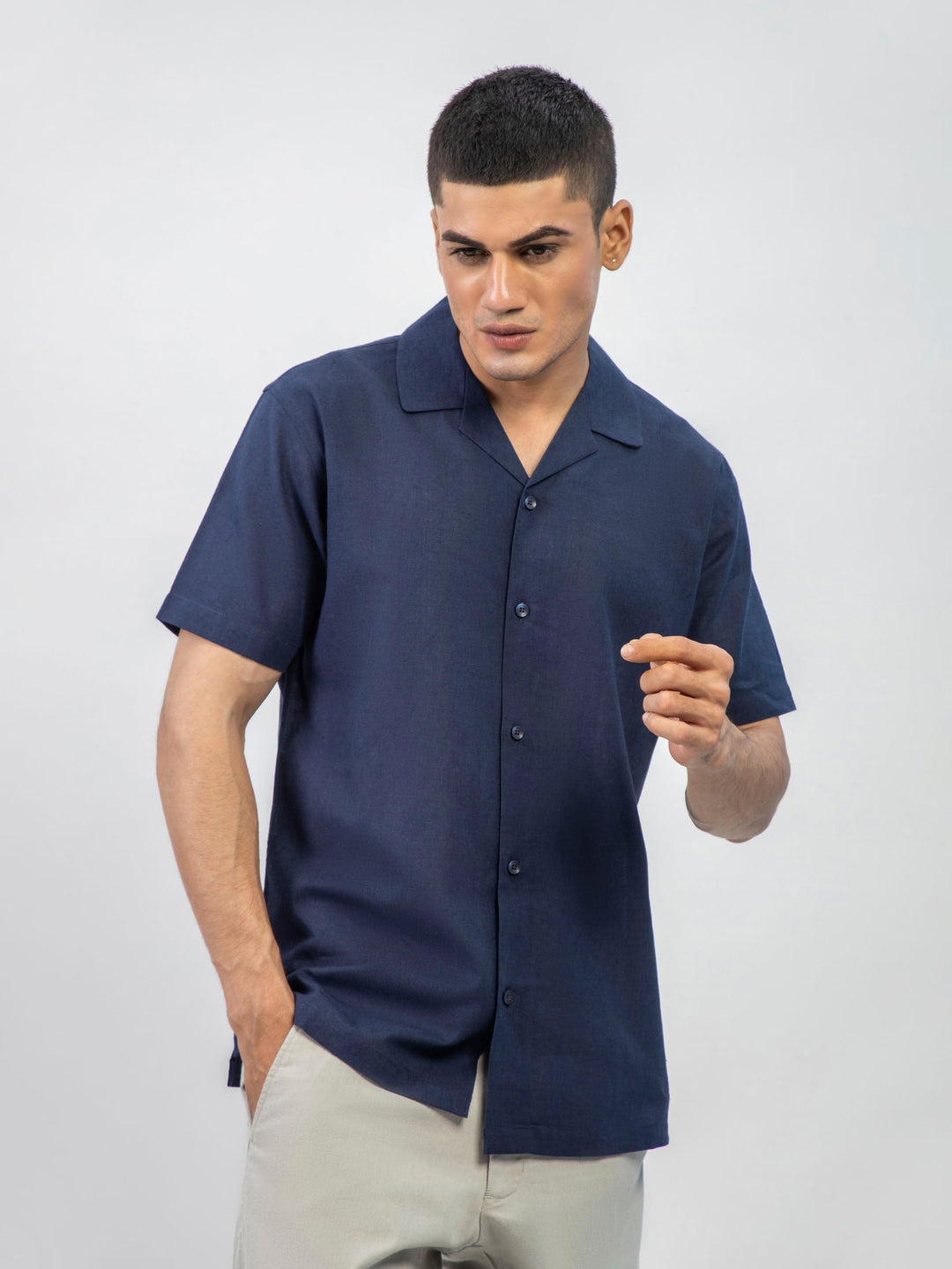 Brumano Ready To Wear Shirts Men 1 Piece Cotton Navy Blue Linen Blended Half Sleeve Cuban Collar Shirt 0-33-025-6073 - Summer Collection