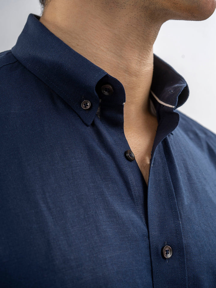 Brumano Ready To Wear Shirts Men 1 Piece Cotton Navy Blue Linen Button Down Shirt 0-31-025-4253 - Summer Collection