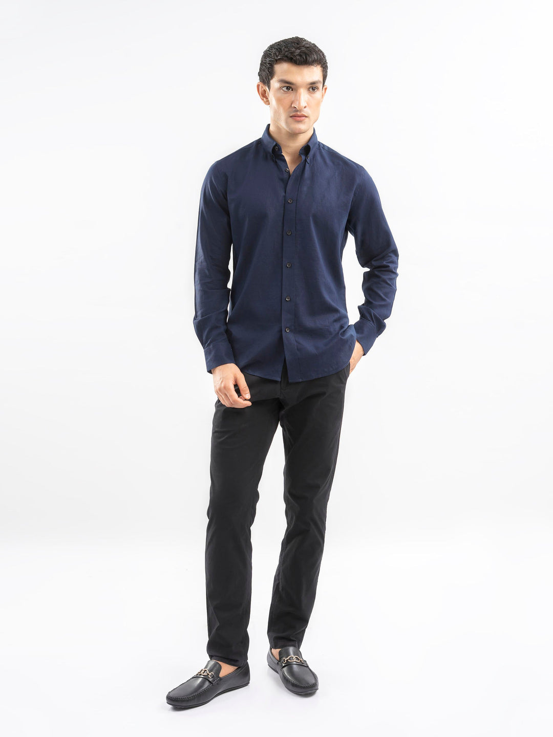 Brumano Ready To Wear Shirts Men 1 Piece Cotton Navy Blue Linen Button Down Shirt 0-31-025-4253 - Summer Collection