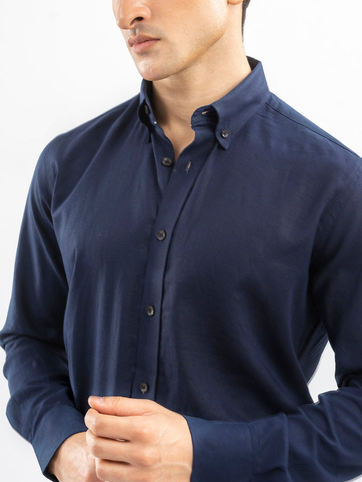 Brumano Ready To Wear Shirts Men 1 Piece Cotton Navy Blue Linen Button Down Shirt 0-31-025-4253 - Summer Collection