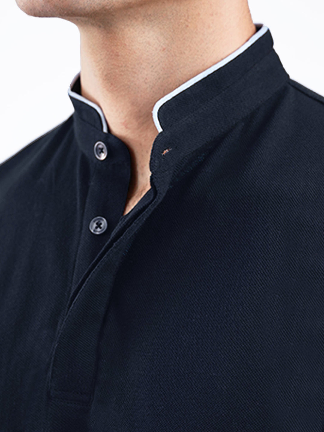 Brumano  Solids Cotton Polo Navy Blue Mao Collar Pique Polo