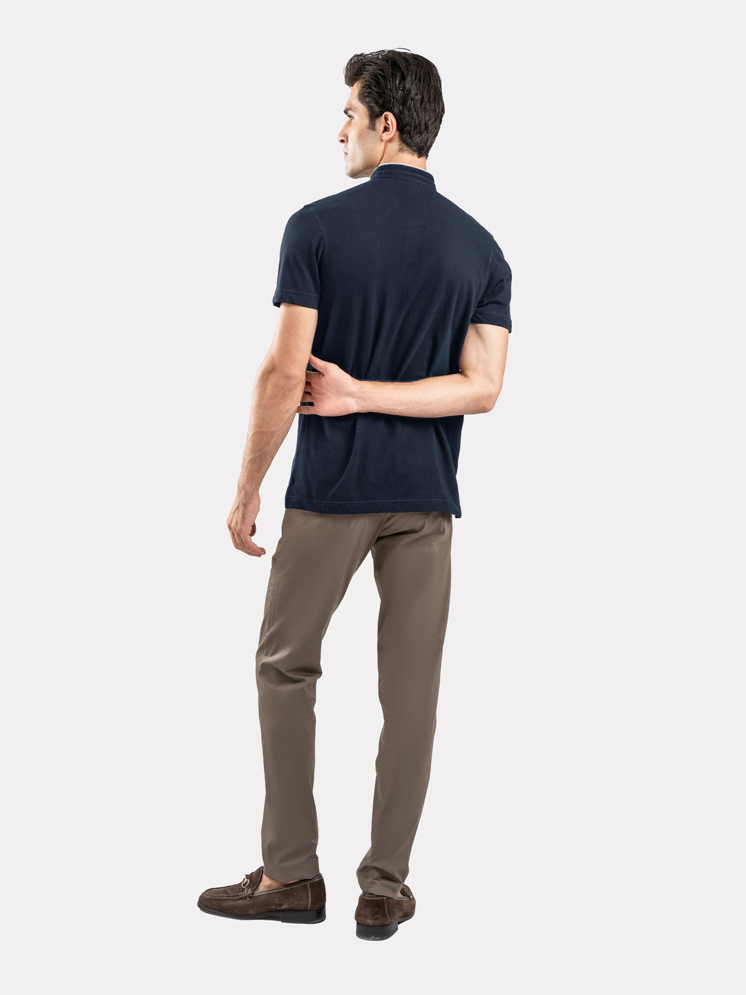 Brumano  Solids Cotton Polo Navy Blue Mao Collar Pique Polo