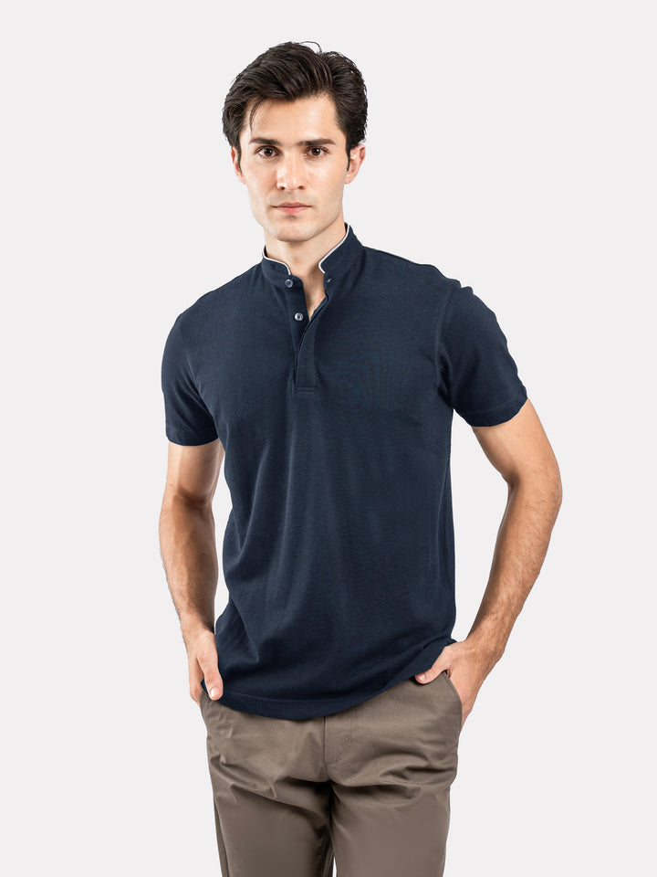 Brumano  Solids Cotton Polo Navy Blue Mao Collar Pique Polo