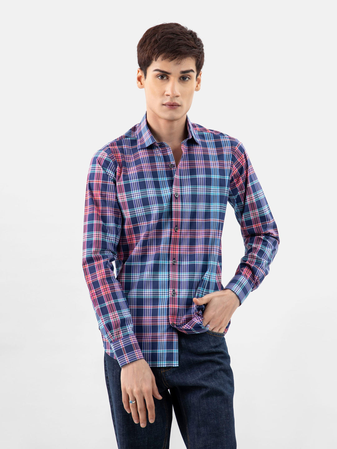 Brumano Mens RTW Solids Cotton Shirt Navy Blue Multicolor Checkered Casual Collection