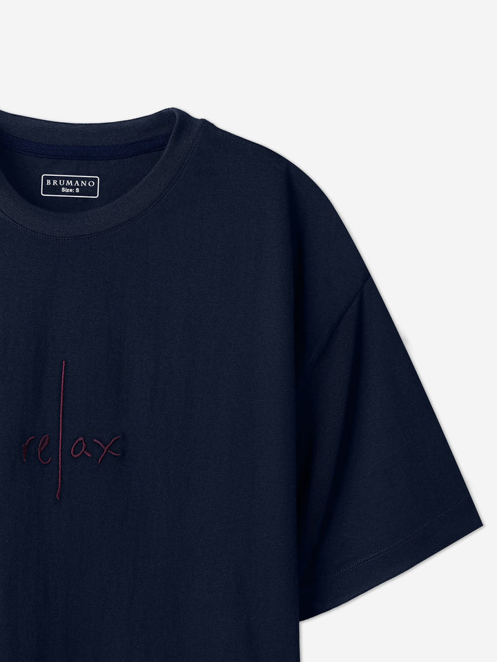 Brumano Cotton Printed Men - NavyBlue Oversized T-Shirt With Minimalist 'Relax' Embroidery