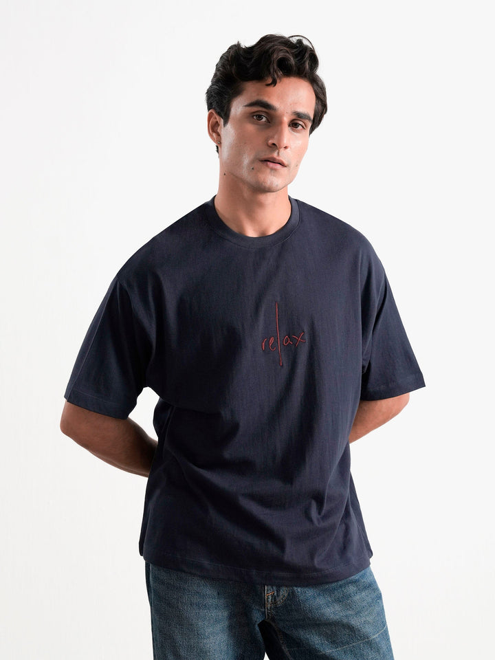 Brumano Cotton Printed Men - NavyBlue Oversized T-Shirt With Minimalist 'Relax' Embroidery