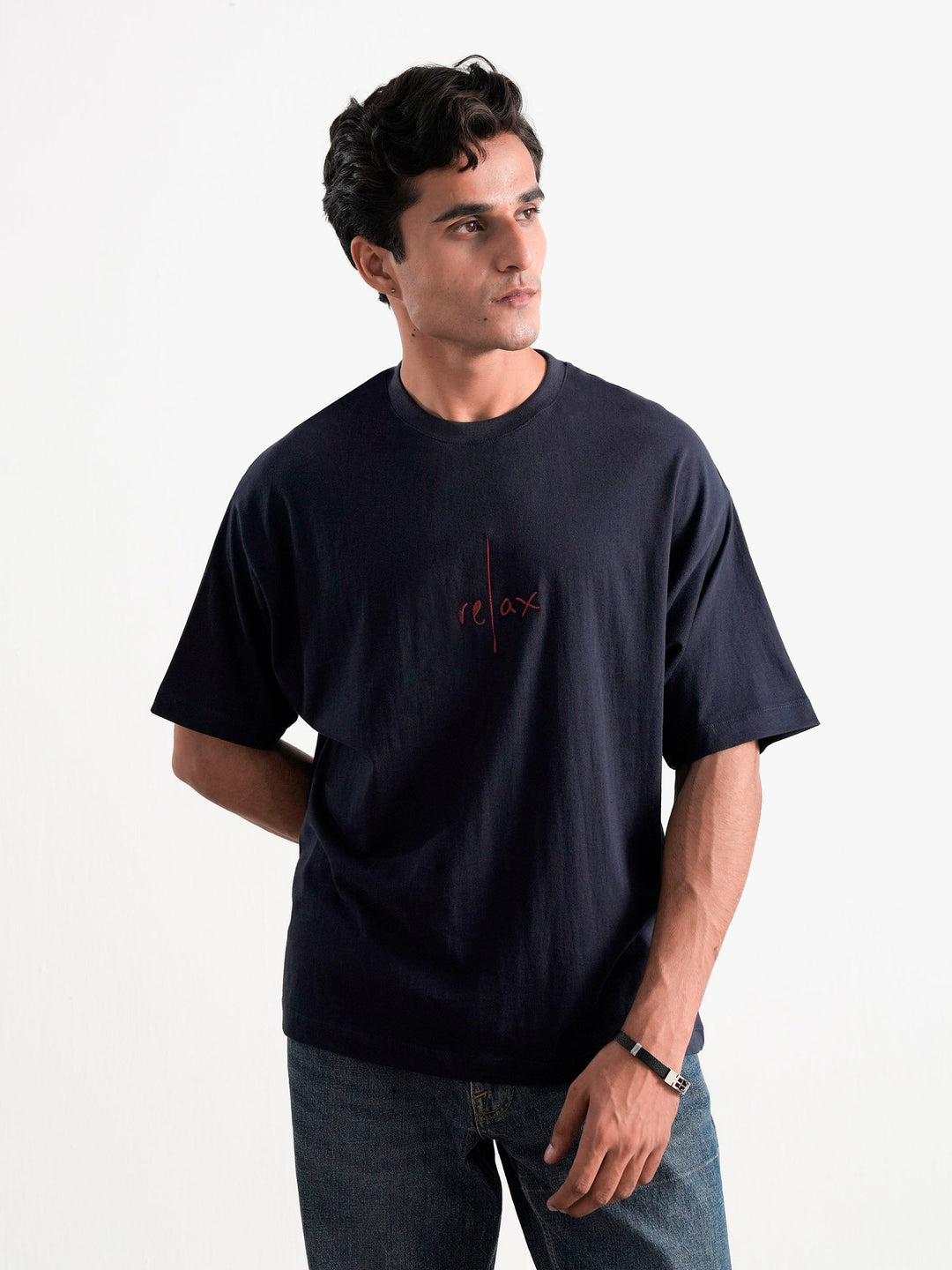 Brumano Cotton Printed Men - NavyBlue Oversized T-Shirt With Minimalist 'Relax' Embroidery