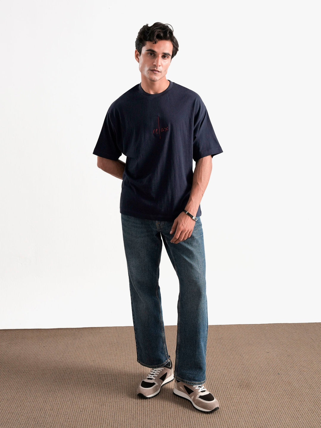 Brumano Mens T-Shirt RTW Solids Cotton Navy Blue Oversized With Minimalist Casual Collection