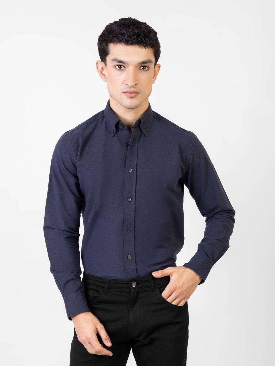 Brumano Mens RTW Solids Cotton Shirt Navy Blue Oxford Down Button Casual Collection