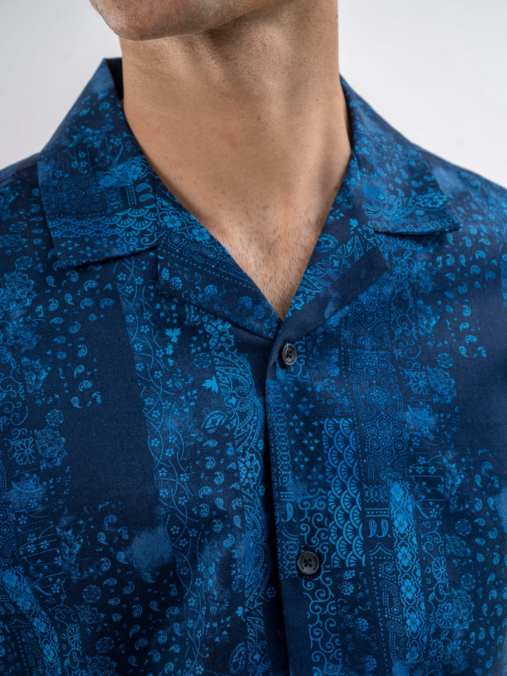 Brumano Ready To Wear Shirts Men 1 Piece Cotton Navy Blue Printed Cuban Collar Shirt 0-33-025-3659 - Summer Collection