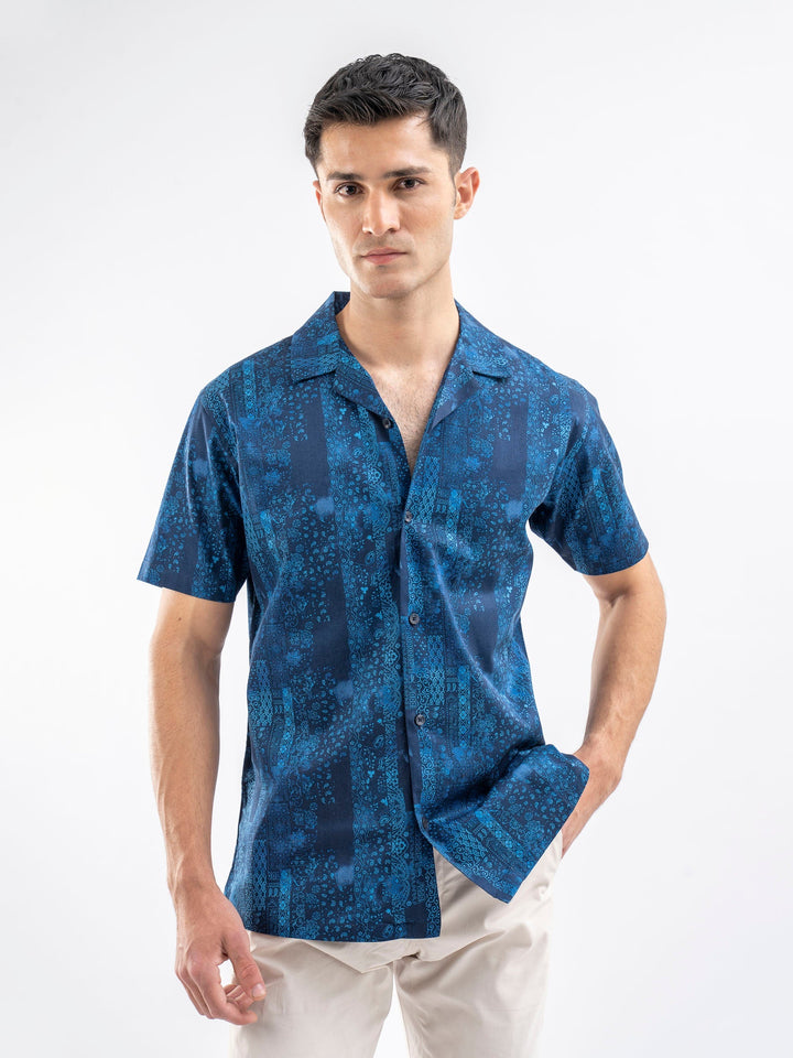 Brumano Ready To Wear Shirts Men 1 Piece Cotton Navy Blue Printed Cuban Collar Shirt 0-33-025-3659 - Summer Collection