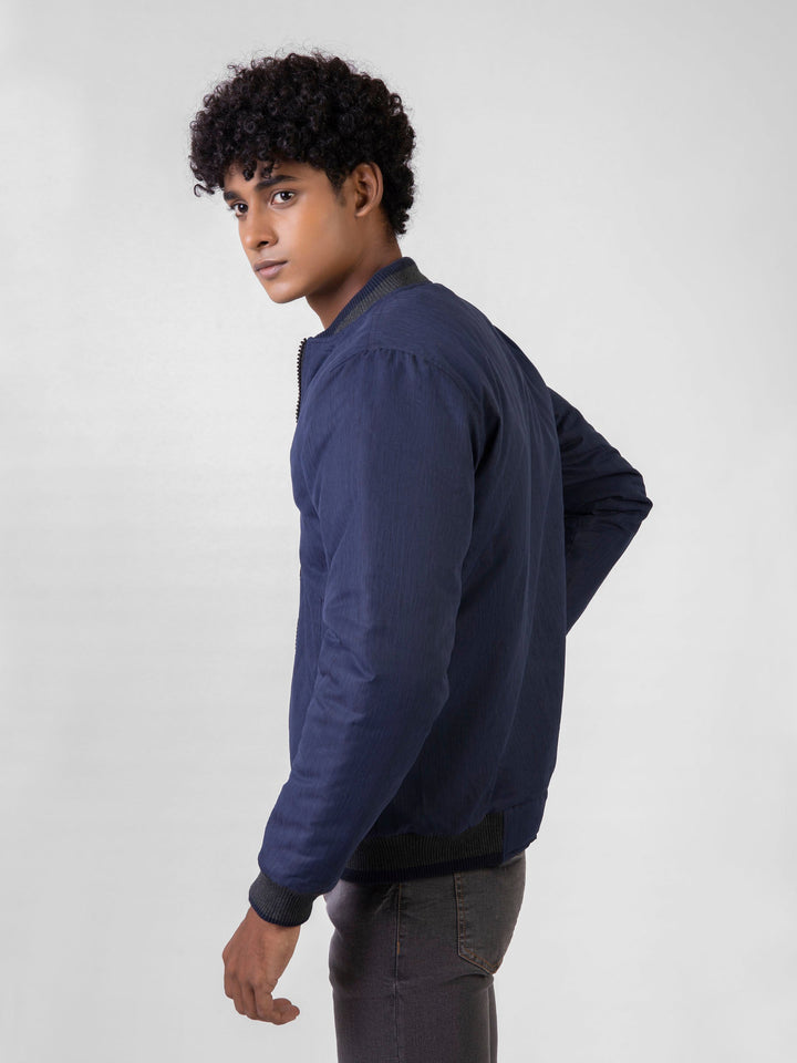 Brumano Pret Solids Polyester 1 Piece Navy Blue Quilted Bomber Jacket With Contrasting Rib