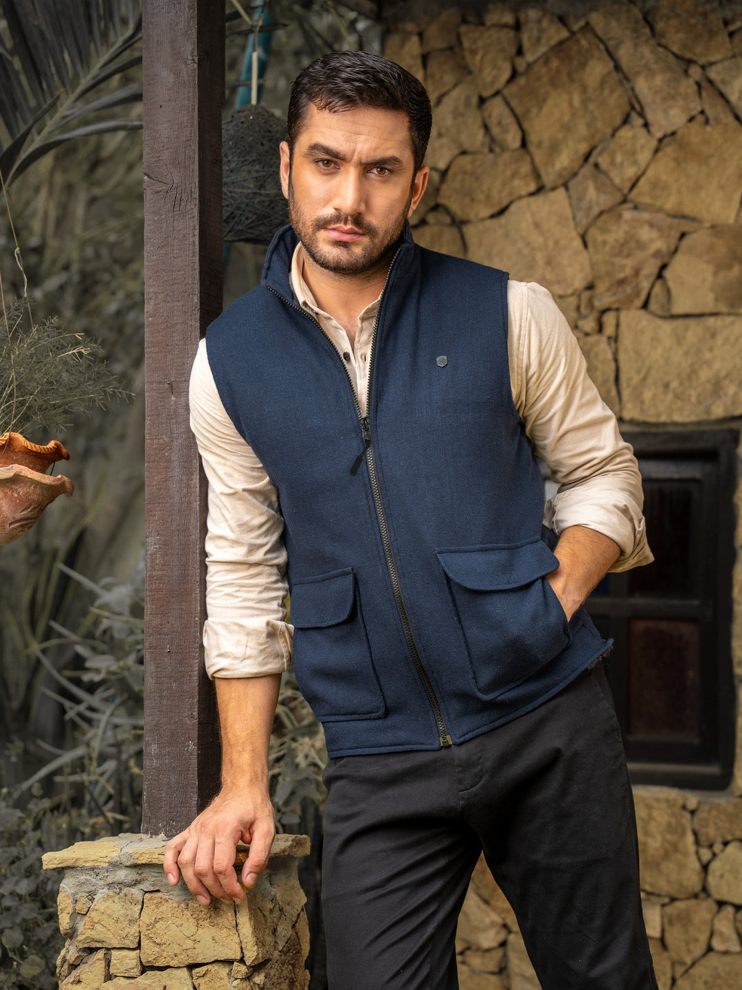 Brumano Ready To Wear Solids Cotton 1 Piece Men Navy Blue Quilted Sleeveless Jacket 0-12-025-4866 - Winter Collection