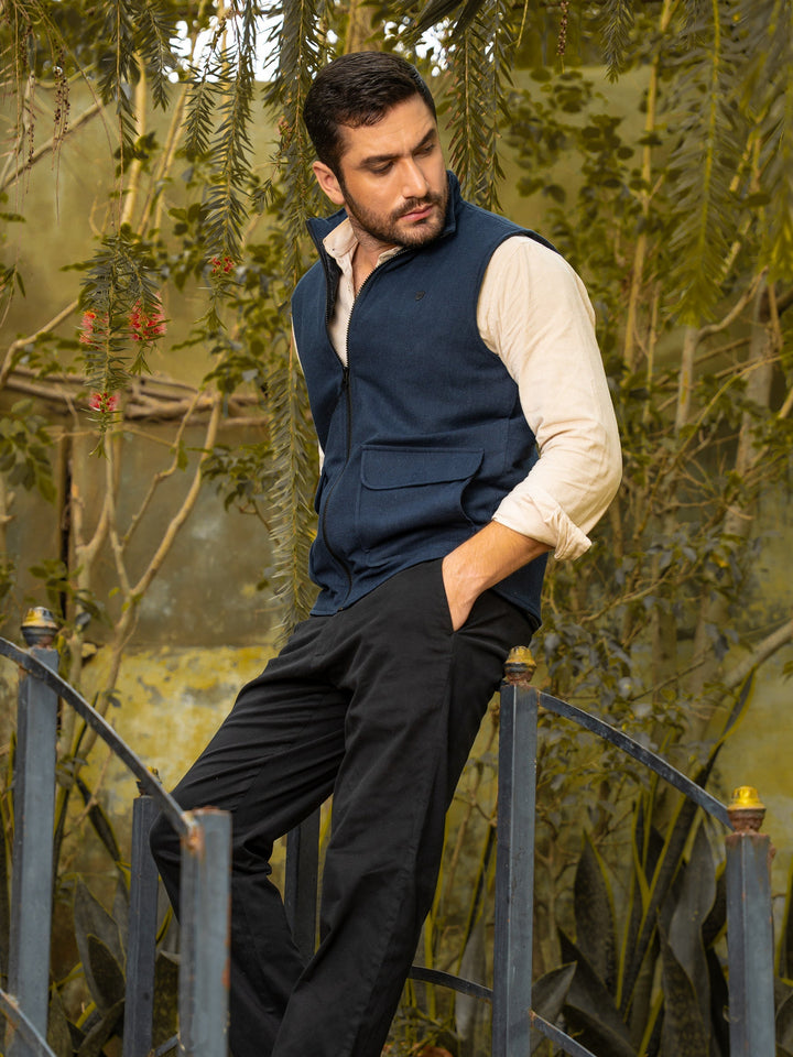 Brumano Mens RTW Solids Cotton Jacket Navy Blue Quilted Sleeveless Winter Collection