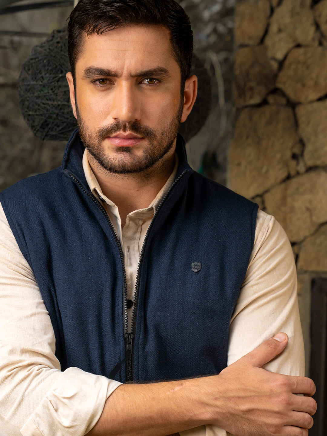 Brumano Ready To Wear Solids Cotton 1 Piece Men Navy Blue Quilted Sleeveless Jacket 0-12-025-4866 - Winter Collection