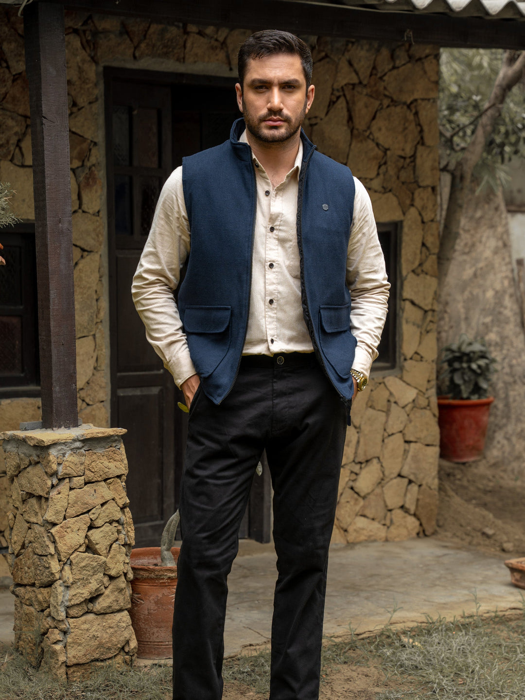 Brumano Ready To Wear Solids Cotton 1 Piece Men Navy Blue Quilted Sleeveless Jacket 0-12-025-4866 - Winter Collection