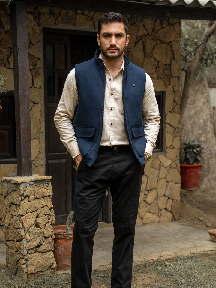 Brumano Ready To Wear Solids Cotton 1 Piece Men Navy Blue Quilted Sleeveless Jacket 0-12-025-4866 - Winter Collection